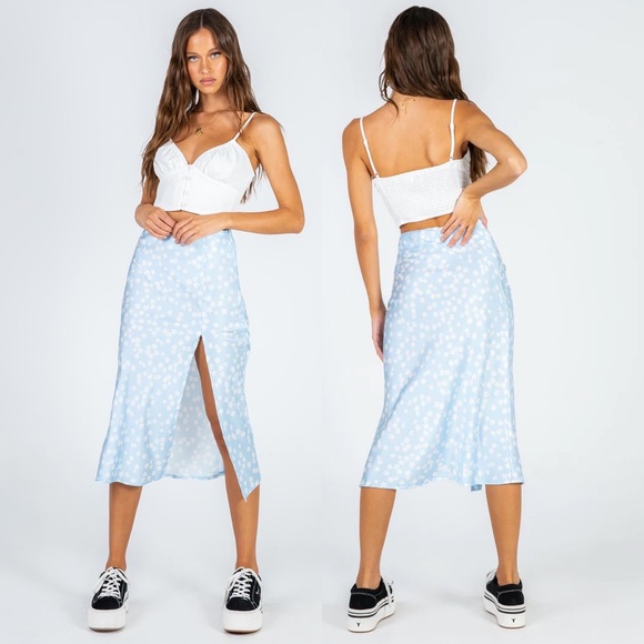 Princess Polly Skirts Princess Polly Light Blue Daisy Floral Alena Front Slit Midi Skirt 4